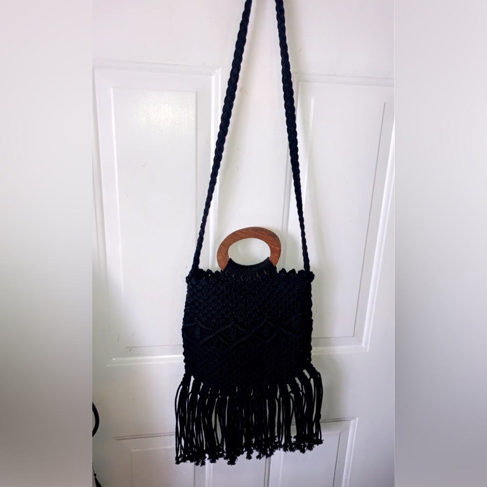 Danielle Nicole Black Fringe Macrame Boho Bag - image 1